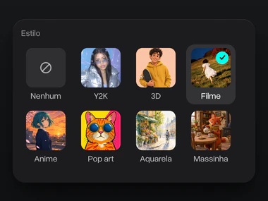 O menu Estilo com Filme selecionado entre Y2K, 3D, Anime, Pop art, Aquarela e Massinha