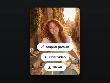 O resultado, uma foto em estilo filme da mulher pilotando uma scooter verde-menta por Roma na hora dourada, com Ampliar para 4K, Criar vídeo e Baixar
