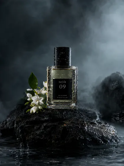 Um frasco de perfume com o rótulo NOIR 09 sobre pedra vulcânica preta molhada na névoa da manhã, com um raminho de jasmim