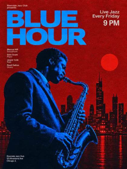 Um pôster de jazz em risografia com o título BLUE HOUR e um saxofonista em azul contra o horizonte vermelho de uma cidade