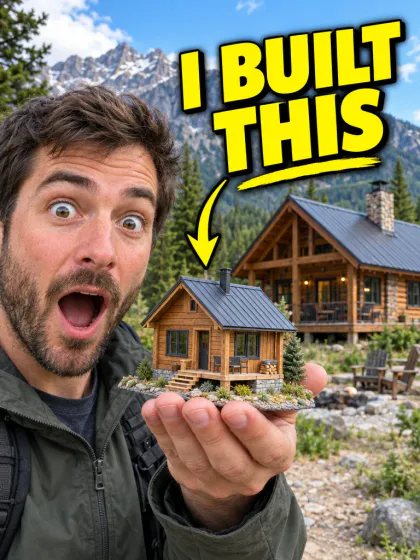 Uma thumbnail do YouTube com um homem surpreso segurando a maquete de uma casinha e as palavras I BUILT THIS