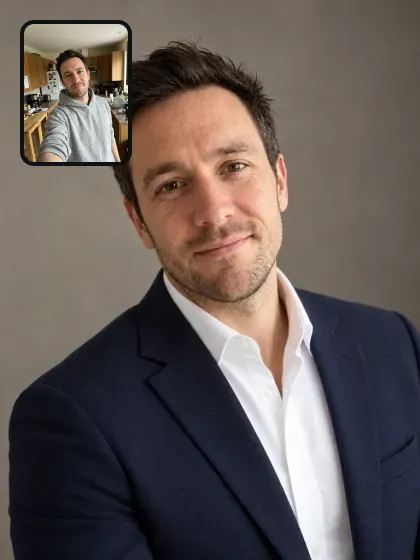 Um retrato de estúdio de um homem de blazer azul-marinho e, no canto, a selfie tirada na cozinha que serviu de base
