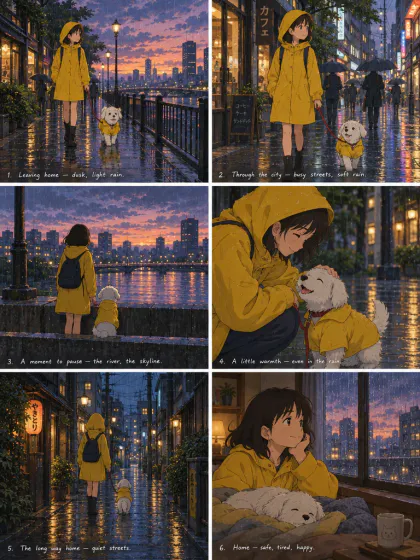 Um storyboard de anime em seis quadros com uma menina de capa de chuva amarela e seu cachorro branco em uma cidade chuvosa ao entardecer