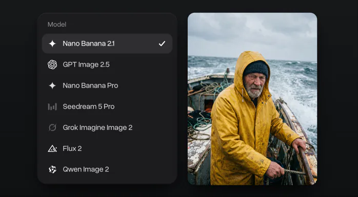 The model menu with Nano Banana 2.1 ticked above GPT Image 2.5, Nano Banana Pro, Seedream 5 Pro, Grok Imagine Image 2, Flux 2 and Qwen Image 2, next to a portrait of a fisherman made with Nano Banana 2.1