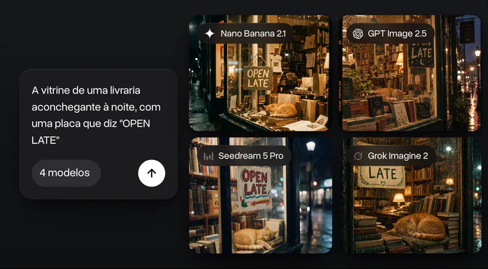 Um prompt sobre a vitrine de uma livraria com uma placa OPEN LATE rodado no Nano Banana 2.1, GPT Image 2.5, Seedream 5 Pro e Grok Imagine Image 2, com os quatro resultados lado a lado