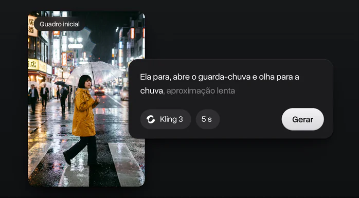 Uma foto de rua feita com o Nano Banana 2.1 como quadro inicial de um vídeo, com o prompt, Kling 3, 5 segundos e Gerar