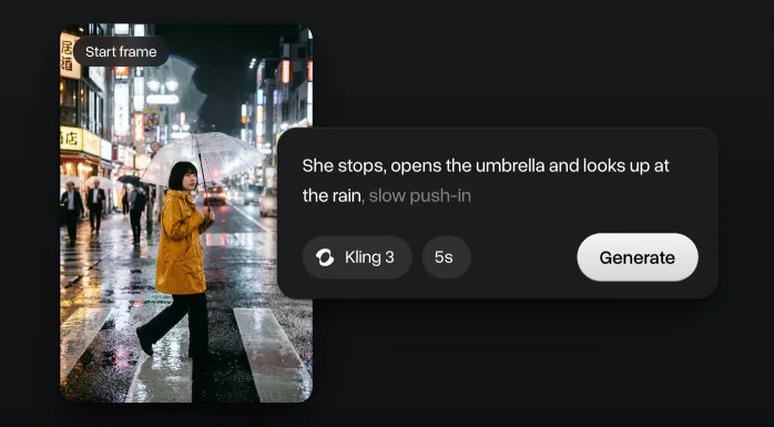 A Nano Banana 2.1 street photo as the start frame of a video, with the prompt, Kling 3, 5 seconds and Generate
