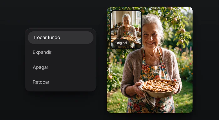 As ferramentas de foto com Trocar fundo selecionado: uma avó com uma torta de maçã levada da cozinha para um jardim ensolarado, com o original no canto