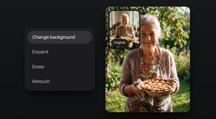 The photo tools with Change background picked, a grandmother with an apple pie moved from her kitchen to a sunny garden, the original in the corner