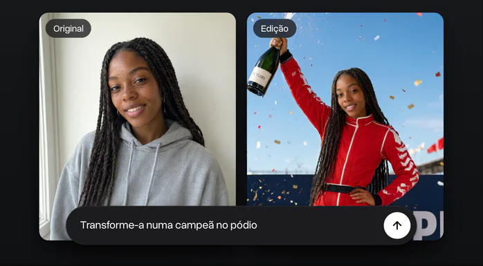 A foto de uma jovem de tranças e moletom cinza e uma edição do Qwen Image 3 dela como campeã estourando champanhe no pódio, com o mesmo rosto