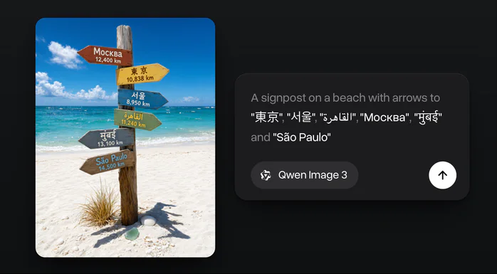 A signpost on a beach with arrows to Tokyo, Seoul, Cairo, Moscow, Mumbai and São Paulo, each name in its own language, next to the prompt that asked for it