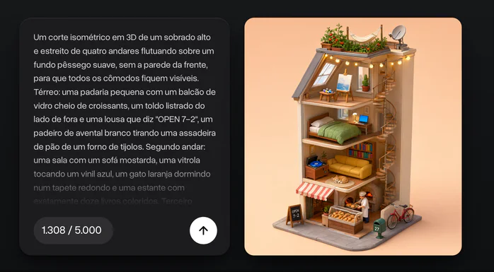Um prompt longo sobre um sobrado de quatro andares com padaria, sala, quarto, ateliê e horta no telhado, e o corte 3D da casa feito a partir dele