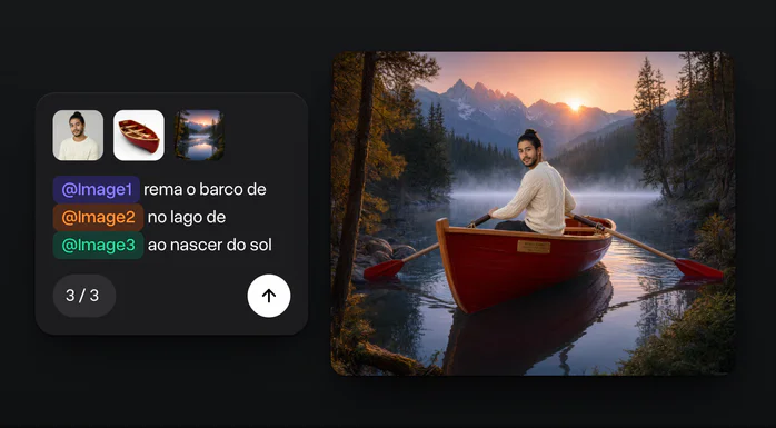 Três fotos, um homem de coque e barba, um barco a remo vermelho e um lago de montanha com neblina, e a imagem dele remando o barco no lago