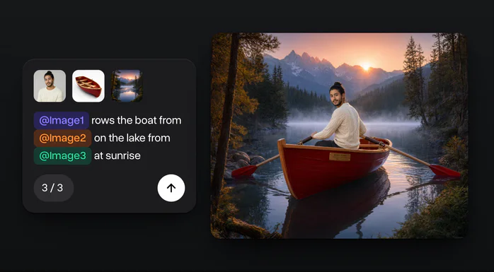 Three photos, a man with a bun and a beard, a red rowing boat and a misty mountain lake, and the picture of him rowing the boat on the lake