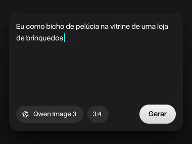 Um prompt sobre mim como bicho de pelúcia na vitrine de uma loja de brinquedos, com o Qwen Image 3 escolhido