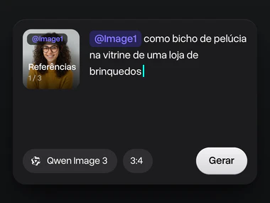 A foto de uma jovem de cabelo cacheado escuro e óculos redondos no bloco de Referências, marcada como @Image1 no prompt