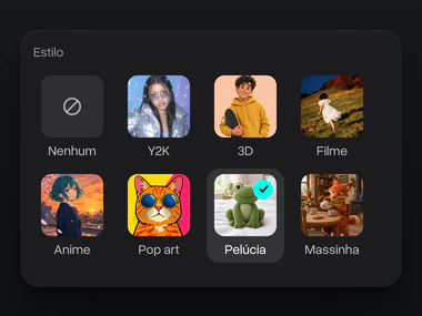 O menu de estilos com Pelúcia escolhido entre Y2K, 3D, Filme, Anime, Pop art e Massinha