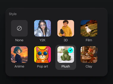 The style menu with Plush picked among Y2K, 3D, Film, Anime, Pop art and Clay