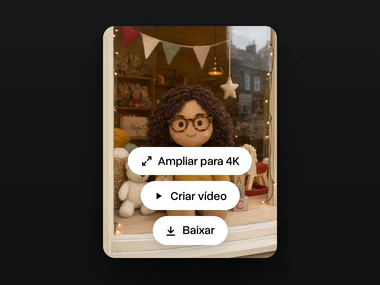 O resultado, a jovem como bicho de pelúcia na vitrine de uma loja de brinquedos, com Ampliar para 4K, Criar vídeo e Baixar