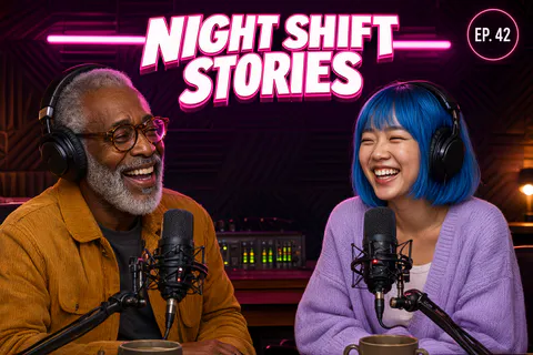 A capa de um podcast com dois apresentadores nos microfones sob um neon rosa e o título NIGHT SHIFT STORIES