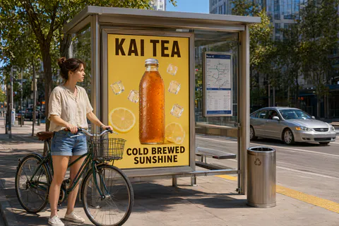 Um anúncio num ponto de ônibus de uma marca de chá gelado com a frase COLD BREWED SUNSHINE