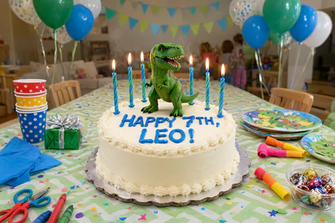 Um bolo de aniversário com HAPPY 7TH, LEO! em glacê azul e um dinossauro no topo
