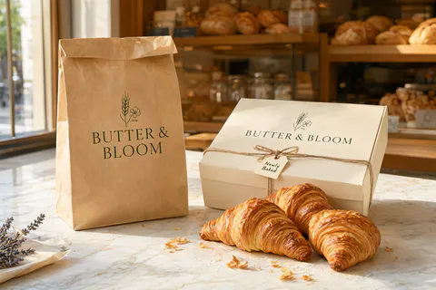 Um saco de papel e uma caixa de doces com o logo da padaria BUTTER & BLOOM ao lado de croissants