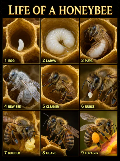 Um infográfico de nove quadros sobre a vida de uma abelha sobre fundo preto