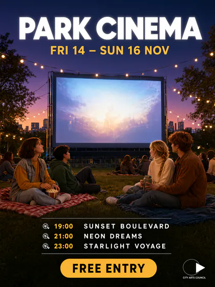 Um pôster de cinema ao ar livre num parque ao entardecer