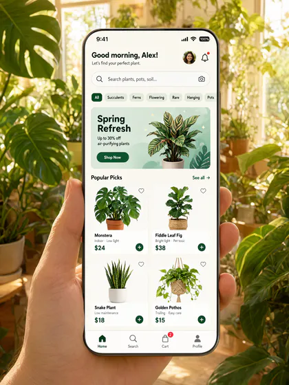 Um celular com um app de loja de plantas numa sala ensolarada cheia de plantas