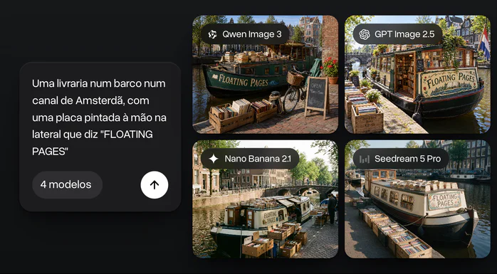 Um prompt sobre uma livraria num barco num canal de Amsterdã com a placa FLOATING PAGES rodado no Qwen Image 3, GPT Image 2.5, Nano Banana 2.1 e Seedream 5 Pro, os quatro resultados lado a lado