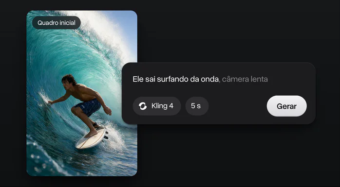 Uma imagem do Qwen Image 3 de um surfista dentro de uma onda como quadro inicial de um vídeo, com o prompt, Kling 4, 5 segundos e Gerar