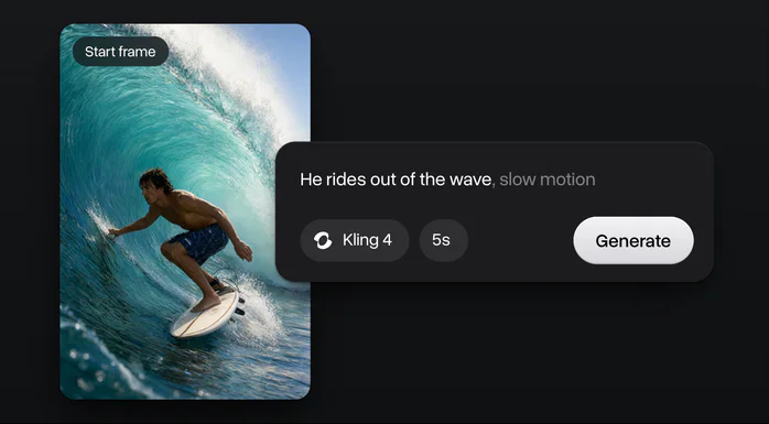 A Qwen Image 3 picture of a surfer inside a wave as the start frame of a video, with the prompt, Kling 4, 5 seconds and Generate