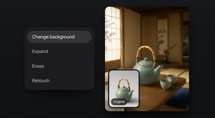 The photo tools with Change background picked, a sage green teapot moved from a grey background to a wooden table in a tea room, the original in the corner