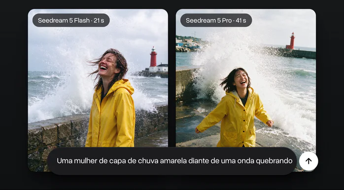 Um prompt sobre uma mulher de capa de chuva amarela diante de uma onda quebrando, feito pelo Seedream 5 Flash e pelo Seedream 5 Pro, com o tempo de cada um