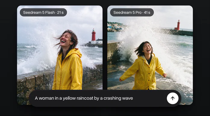 One prompt about a woman in a yellow raincoat by a crashing wave, made by Seedream 5 Flash and by Seedream 5 Pro, with the time each took