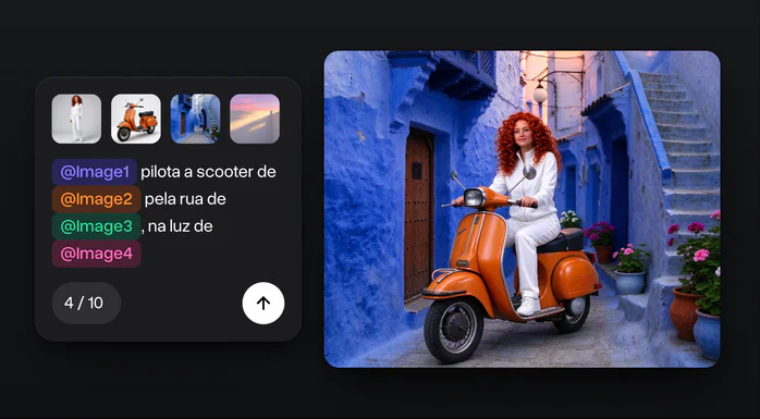 Quatro fotos, uma mulher de agasalho branco, uma Vespa laranja, uma rua azul de Chefchaouen e um pôr do sol rosa, e a imagem feita com elas