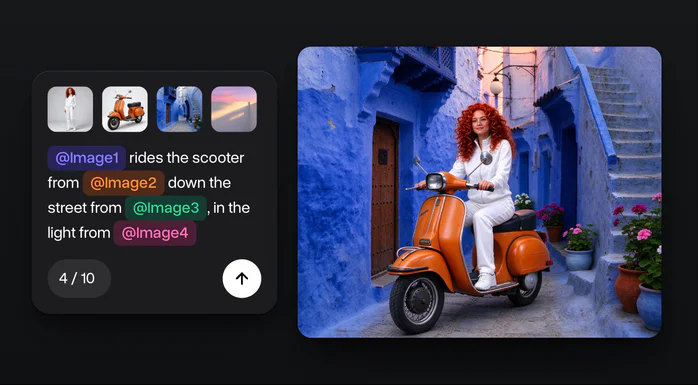 Four photos, a woman in a white tracksuit, an orange Vespa, a blue street in Chefchaouen and a pink sunset, and the picture made from them