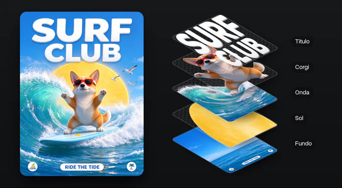 Um pôster SURF CLUB com um corgi numa prancha, separado em fundo, sol, onda, corgi e título