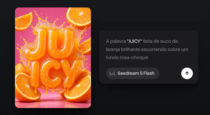 A palavra JUICY em letras 3D de suco de laranja escorrendo sobre rosa-choque, ao lado do prompt que pediu isso