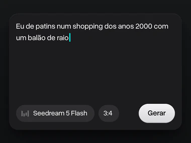 Um prompt sobre mim de patins num shopping dos anos 2000 com um balão de raio, com o Seedream 5 Flash escolhido