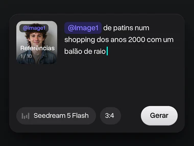 A foto de um jovem sardento de cabelo cacheado e jaqueta jeans no bloco de Referências, marcada como @Image1 no prompt