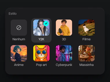 O menu de estilos com Y2K escolhido entre 3D, Filme, Anime, Pop art e Massinha