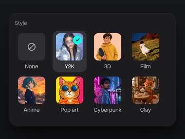 The style menu with Y2K picked among 3D, Film, Anime, Pop art and Clay