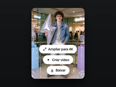 O resultado, o jovem de patins num shopping dos anos 2000 com um balão prateado de raio no estilo Y2K, com Ampliar para 4K, Criar vídeo e Baixar