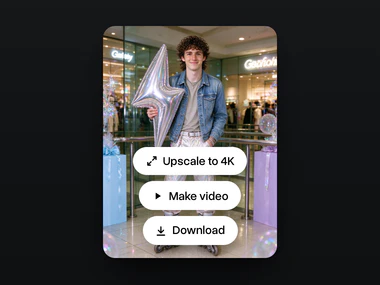 The result, the man on roller skates in a 2000s mall with a silver lightning bolt balloon in the Y2K style, with Upscale to 4K, Make video and Download