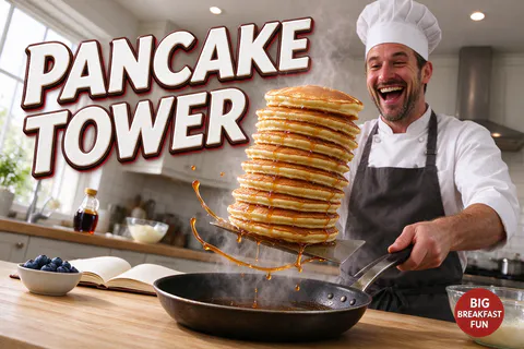 A cooking video cover with a chef flipping a tall stack of pancakes and the title PANCAKE TOWER