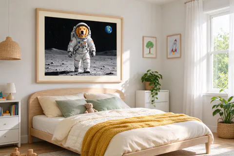 A framed poster of a golden retriever astronaut on the moon above a kid’s bed