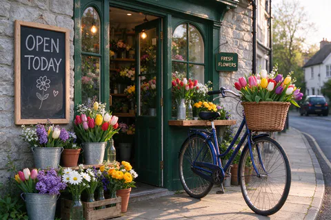A flower shop front with a blue bicycle full of tulips and a chalkboard sign OPEN TODAY