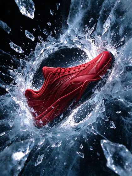 A red sneaker bursting through a wall of ice with shards flying